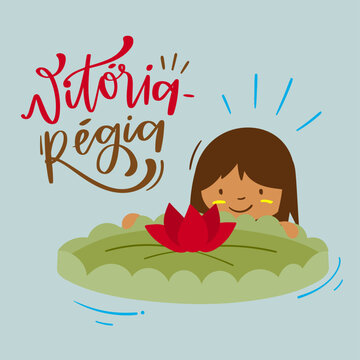 Vit&oacute;ria-R&eacute;gia. Fantastic  Creature of Brazilian Folklore. Brazilian Portuguese Hand Lettering Calligraphy. Vector. Brazilian legends and tales.
