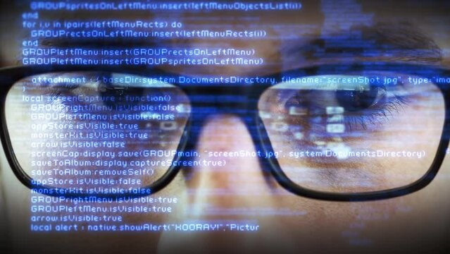  Young Software Engineer or Hacker Wearing Eyeglasses Writing Program Code. Several Lines of Code Appearing.   Augmented realty, Holographic Technology, IOT , AI, Big Data. 