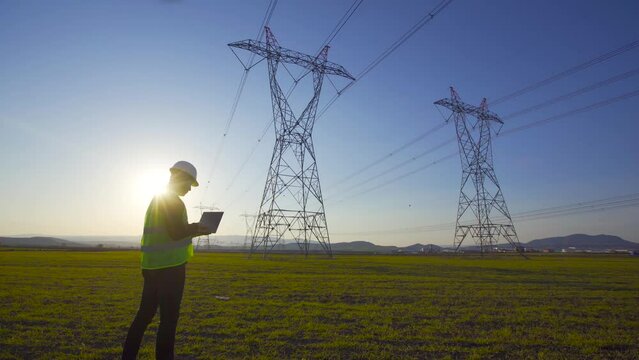 Electrical engineer working in front of high voltage lines.
An engineer working on a tablet in the area of high voltage lines. Electrical engineer doing field inspection.
