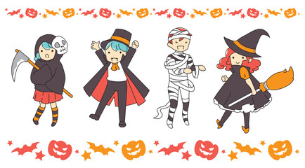 ハロウィンの仮装をした4人の子供（白背景）