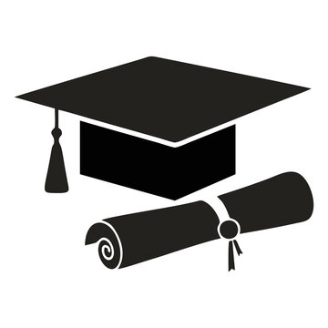 Silhouette of mortarboard and diploma on white background. High school graduation concept. Editable graduation cap and diploma symbol with eps10 format