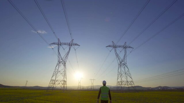 Row of Electric Poles and Engineer's walk.
Electrical engineer with briefcase walking towards the extension of the electric poles at sunset.
