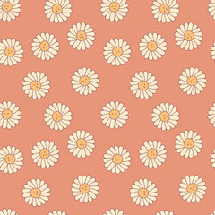 Summer seamless pattern with daisy flowers in 1960 style. Childish characters print with happy emotions. Kids illustration for decor and design.