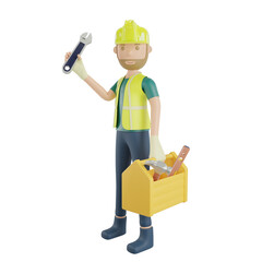 3d engineer character holding wrench and tool box