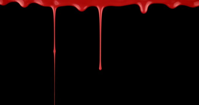 Spooky steady drip of bright red blood pouring over black background.
