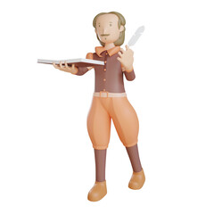 3d Shakespeare character holding pen and book