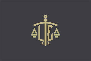 Letter LE logo for law office and attorney with creative scale and sword icon design - obrazy, fototapety, plakaty