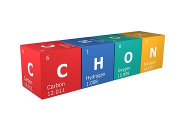 3D illustration of cubes of the elements of the periodic table, carbon, hydrogen, oxygen and nitrogen. Science, technology and engineering