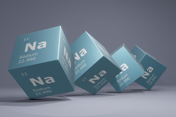 3D illustration of sodium, chemical element from the periodic table. Education, science and technology background