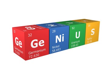 3D illustration of cubes of the elements of the periodic table, germanium, nickel, uranium and sulfur forming the word genius. Science, technology and engineering background © Ipajoel