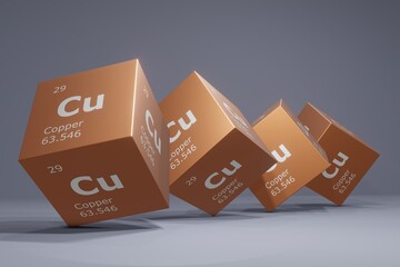 3D illustration of copper, chemical element of the periodic table. Education, science and technology background