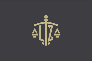Letter LZ logo for law office and attorney with creative scale and sword icon design - obrazy, fototapety, plakaty