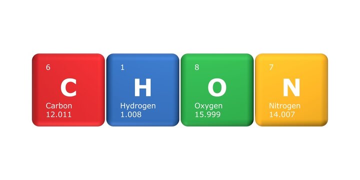 3D illustration of cubes of the elements of the periodic table, carbon, hydrogen, oxygen and nitrogen. Science, technology and engineering