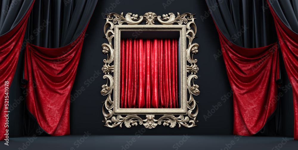 Wall mural 3d render of empty picture frame, gallery interior with empty frame on wall with curtain.
