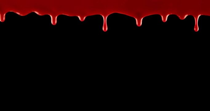 Spooky Slow Drip Of Bright Red Blood Pouring Over Black Background.