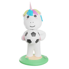 3d unicorn character holding soccer ball