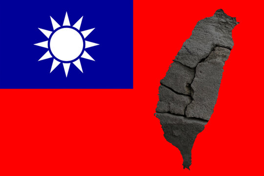 Defocus Taiwan flag, official colors and proportion correctly. National Taiwan flag. Taiwan map. Democracy. War and stone crack. War between China and Taiwan. Out of focus
