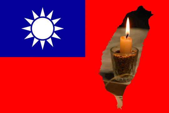 Defocus Taiwan flag, official colors and proportion correctly. National Taiwan flag. Taiwan map. Democracy. War and flame. Memory concept. War between China and Taiwan. Out of focus