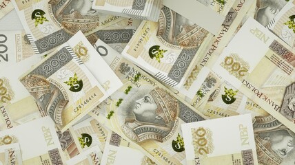 Fototapeta premium 200 Polish zloty notes spread out with a calculator, pen and notebook. 3d rendering