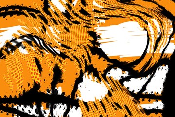 Halloween Abstract art background with grainy, lo fi screen, comic style and trendy loose hand-painted  design in orange black and white.