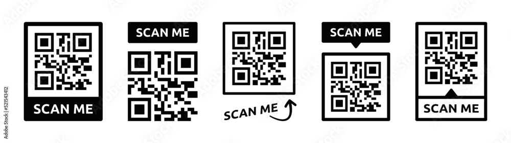 Poster QR code vector icon set with scan me message. Sign symbol illustration.