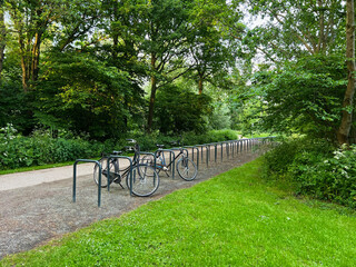 Parked bicycles near metal stands in green park