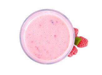 Tasty raspberry smoothie in glass isolated on white, top view