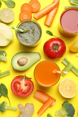 Delicious juices and fresh ingredients on yellow background, flat lay