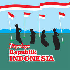 Indonesian independence day greeting card with traditional sack race concept, Indonesian flag with  landscaping background. Dirgahayu means longevity of the republic of Indonesia. Flat design, banner