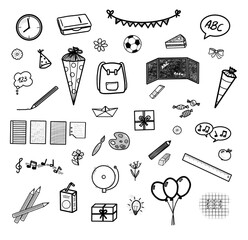 41x Schulanfang - Erster Schultag - Einschulung ~ Set ~ Grafiken Cliparts Zeichen Symbole Sketchnotes