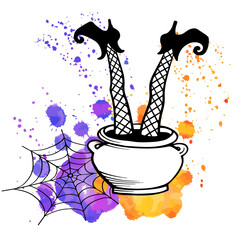Halloween witch feet in a cauldron and spider web. Hand drawn sketch style. Black shoes. Vector illustration on blobs background.