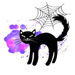 Halloween black cat with spider web. Hand drawn sketch style. Line art. Ink drawing. Vector illustration on blobs background.