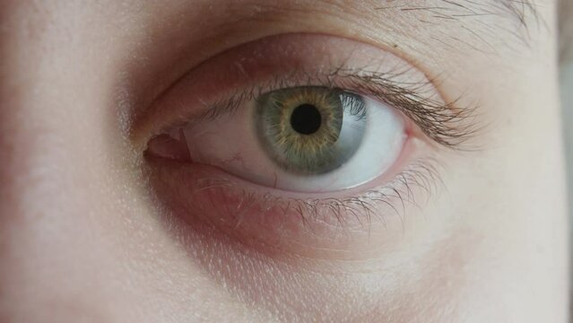 close up of eye, shot of pupil dilating, eye opening, woman opening her eye