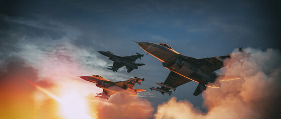 The fighter jets are taking off for an attack. - obrazy, fototapety, plakaty