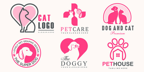 Pet care icon set logo with dog and cat silhouette symbol for store veterinary clinic hospital
