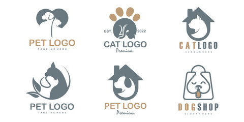 Pet care icon set logo with dog and cat silhouette symbol for store veterinary clinic hospital