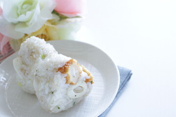 Japanese food, Chikurwa fish cake rice ball with copy space
