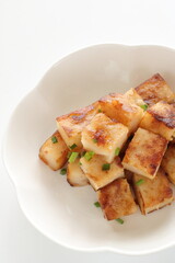 Chinese food, radish cake and XO sauce stir fried with spring onion 
