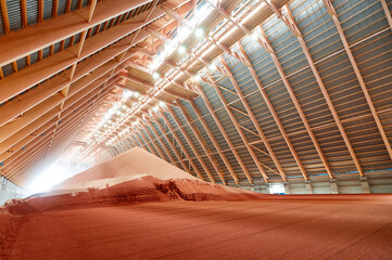 Large heap of potassium fertilizers in plant storehouse