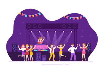 Obraz premium Night Club Cartoon Illustration with Nightlife like a Young People Drink Alcohol and Youth Dance Accompanied by Dj Music in Spotlight