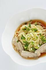 Japanase summer food, steamed chicken and Konjac noodles with spring onion 