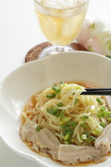 Japanase summer food, steamed chicken and Konjac noodles with spring onion 