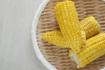 Boiled Japanese sweet corn on bamboo basket with copy space for summer food image