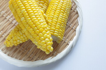 Boiled Japanese sweet corn on bamboo basket with copy space for summer food image
