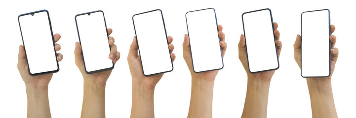 Set of man hands holding smartphone with blank screen, isolated on white background included clipping path.