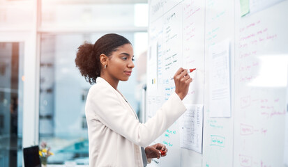 Young businesswoman planning on a whiteboard in modern office and writing a strategy for the...
