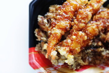 Japanese food, Shrimp and vegetable tempura on take out bento food container