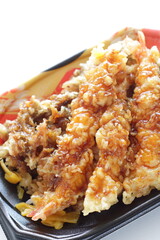 Japanese food, Shrimp and vegetable tempura on take out bento food container