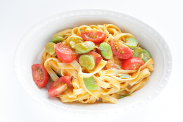homemade broad beans tomato sauce fettuccine pasta 