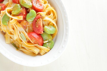 homemade broad beans tomato sauce fettuccine pasta 